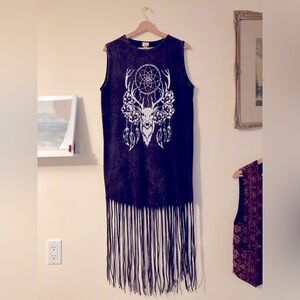 Bolli Imports Fringe Sleeveless Black Dress Bohemian Deer Dress 100% Cotton